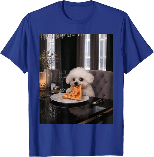 Funny Dog Meme Maltese Dog Eating Pizza Cozy Humor T-Shirt - T-Shirt | Royal