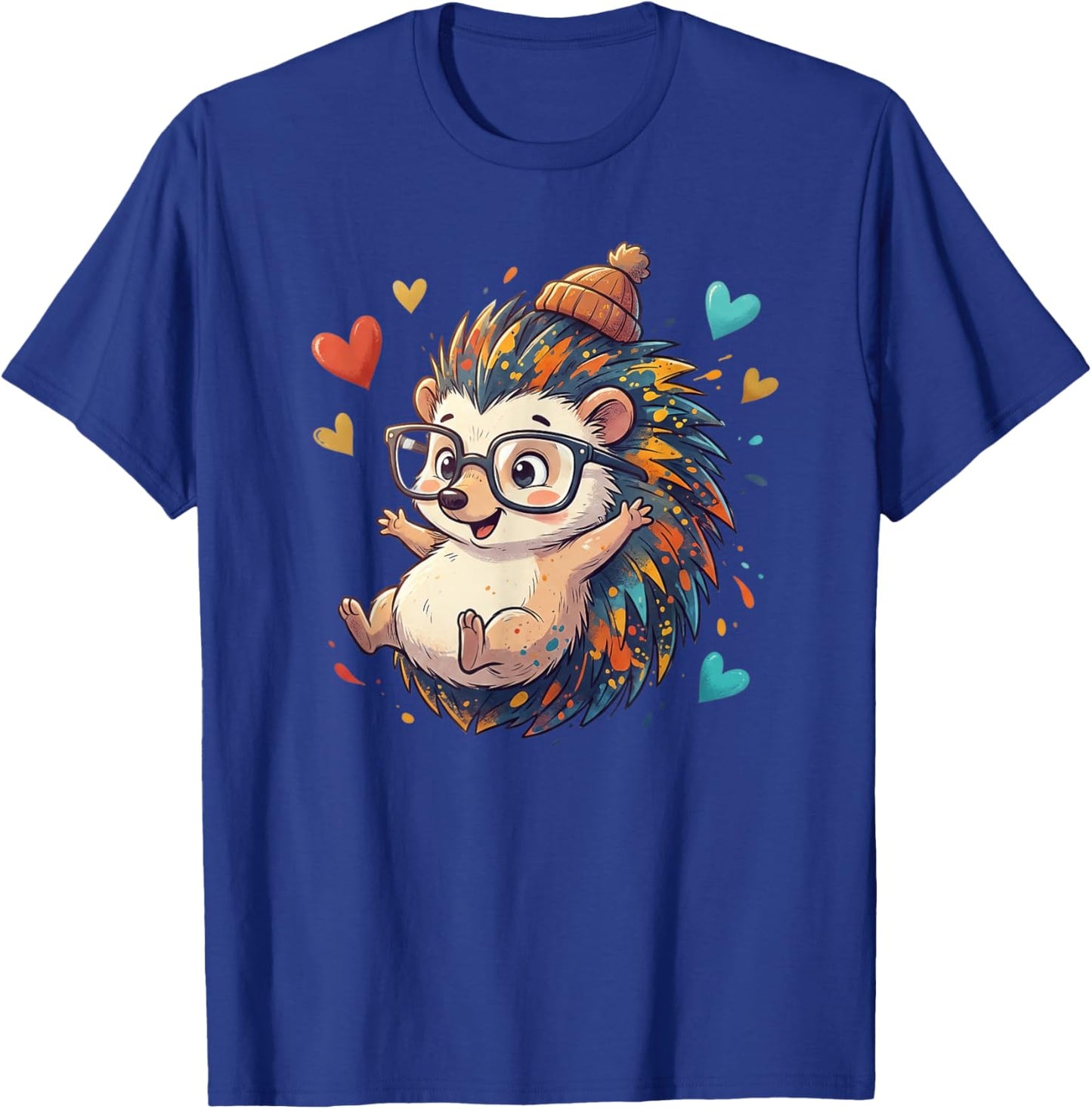 Cute Nerdy Hedgehog with Glasses and Colorful Hearts T-Shirt - T-Shirt | Royal