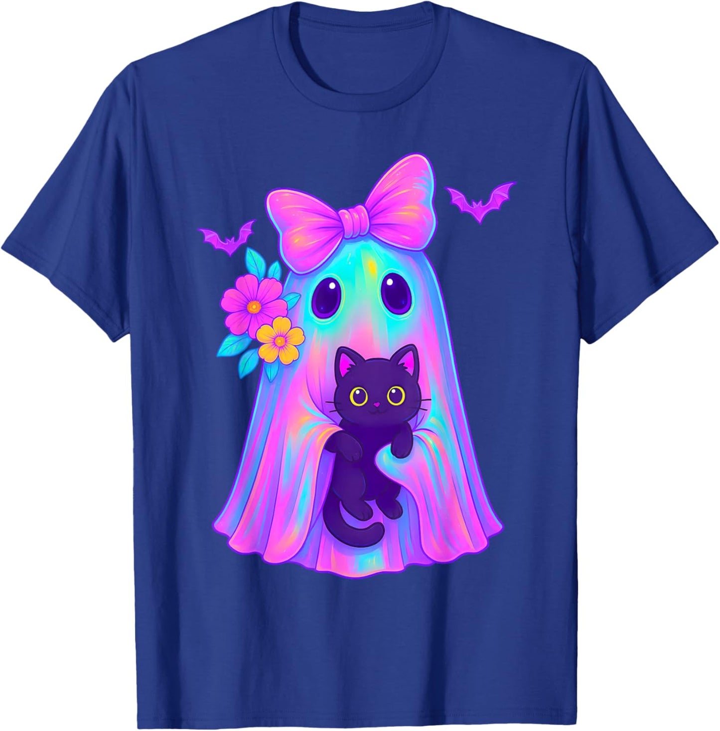 Cute Floral Ghost Holding a Cat Coquette Bow Halloween Women T-Shirt - T-Shirt | Royal