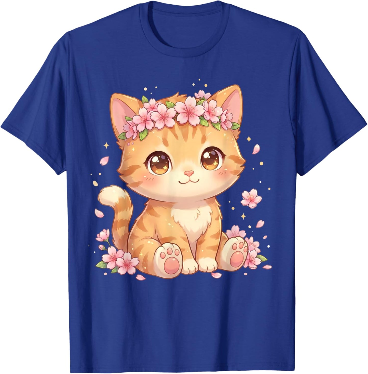 Cute Anime Cat with Cherry Blossoms Flower Kids Girls Boys T-Shirt - T-Shirt | Royal