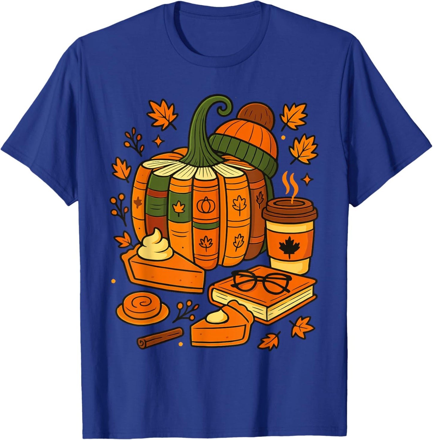 Retro Fall Pumpkin Books Autumn Reading Halloween Teacher T-Shirt - T-Shirt | Royal