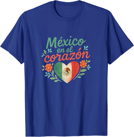 México en el Corazón Mexican Flag Heart Floral T-Shirt - T-Shirt | Royal