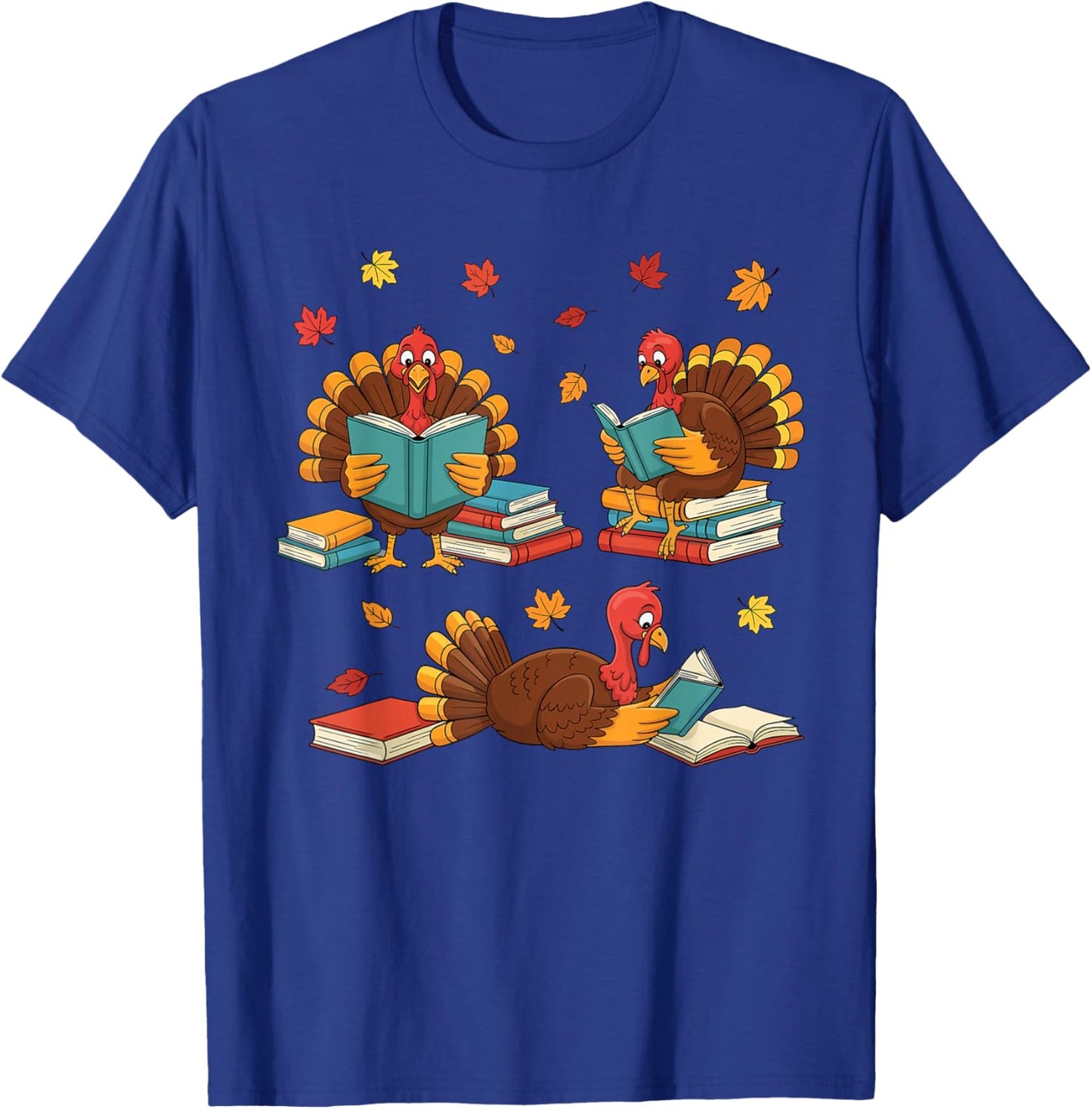 Turkey Reading Books Fall Book Lovers Thanksgiving Teacher T-Shirt - T-Shirt | Royal