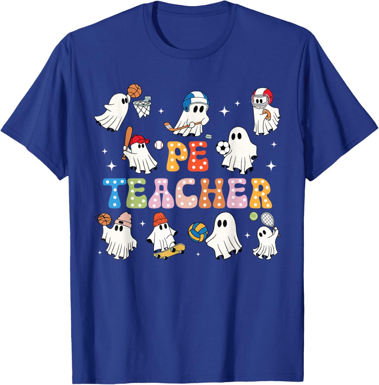 Halloween PE Teacher Ghost Playing Sports Physical Education T-Shirt - T-Shirt | Royal