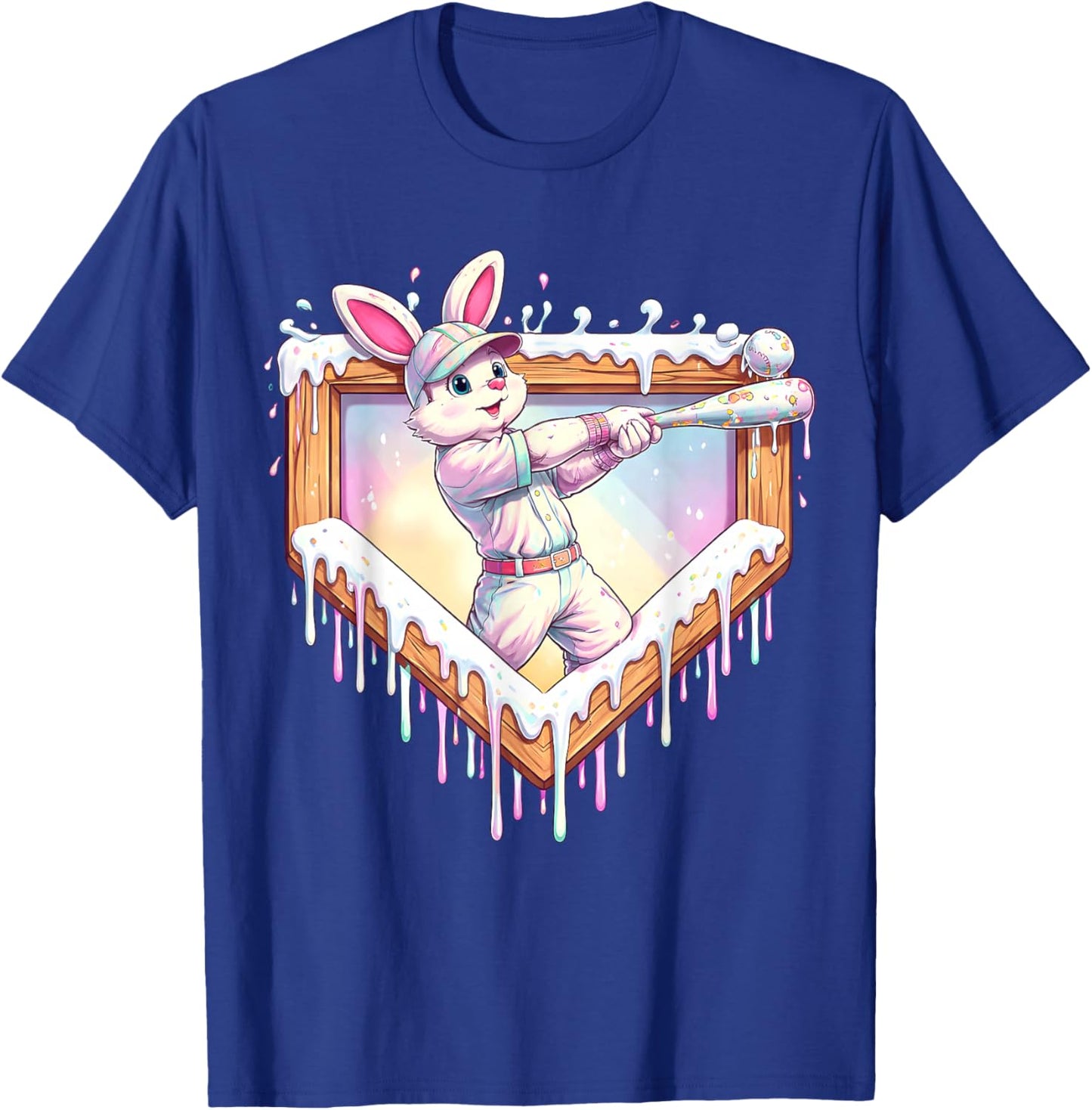 Kids Happy Easter Bunny Playing Baseball Boy Ice Cream Drip T-Shirt - T-Shirt | Royal