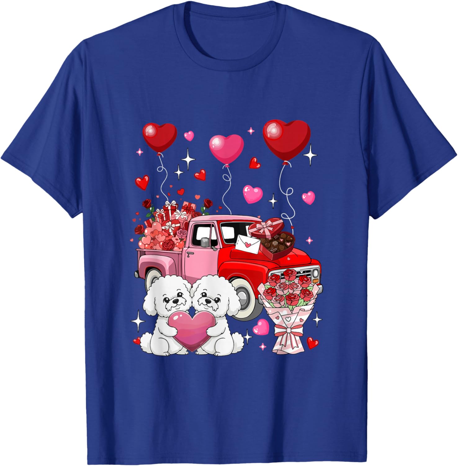 Couple Bichon Frises Valentine Hearts Tree Pickup Truck T-Shirt - T-Shirt | Royal
