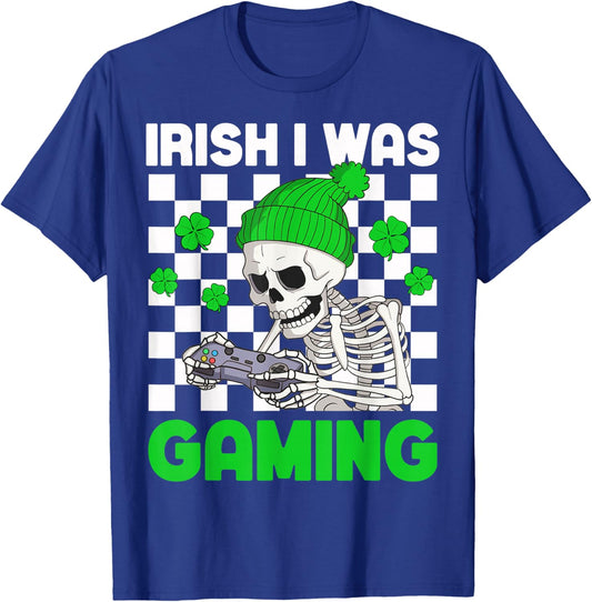 Irish I was Gaming Boys St Patricks Day Skeleton Gamer T-Shirt - T-Shirt | Royal