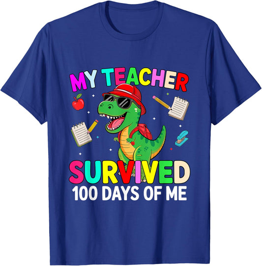 100th Day of School My Teacher Survived 100 Days Boys Dino T-Shirt - T-Shirt | Royal
