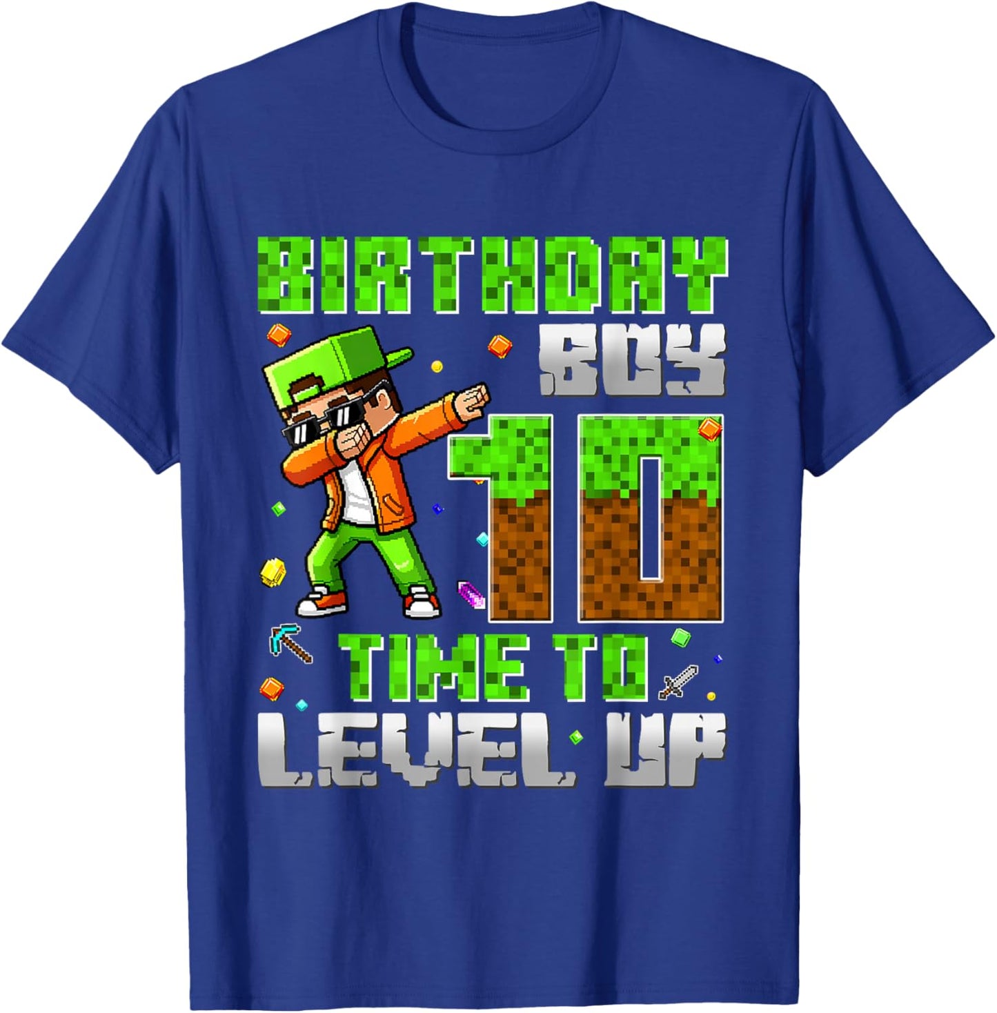 Pixel Game Dabbing Birthday Boy 10 Years Time to Level Up T-Shirt - T-Shirt | Royal