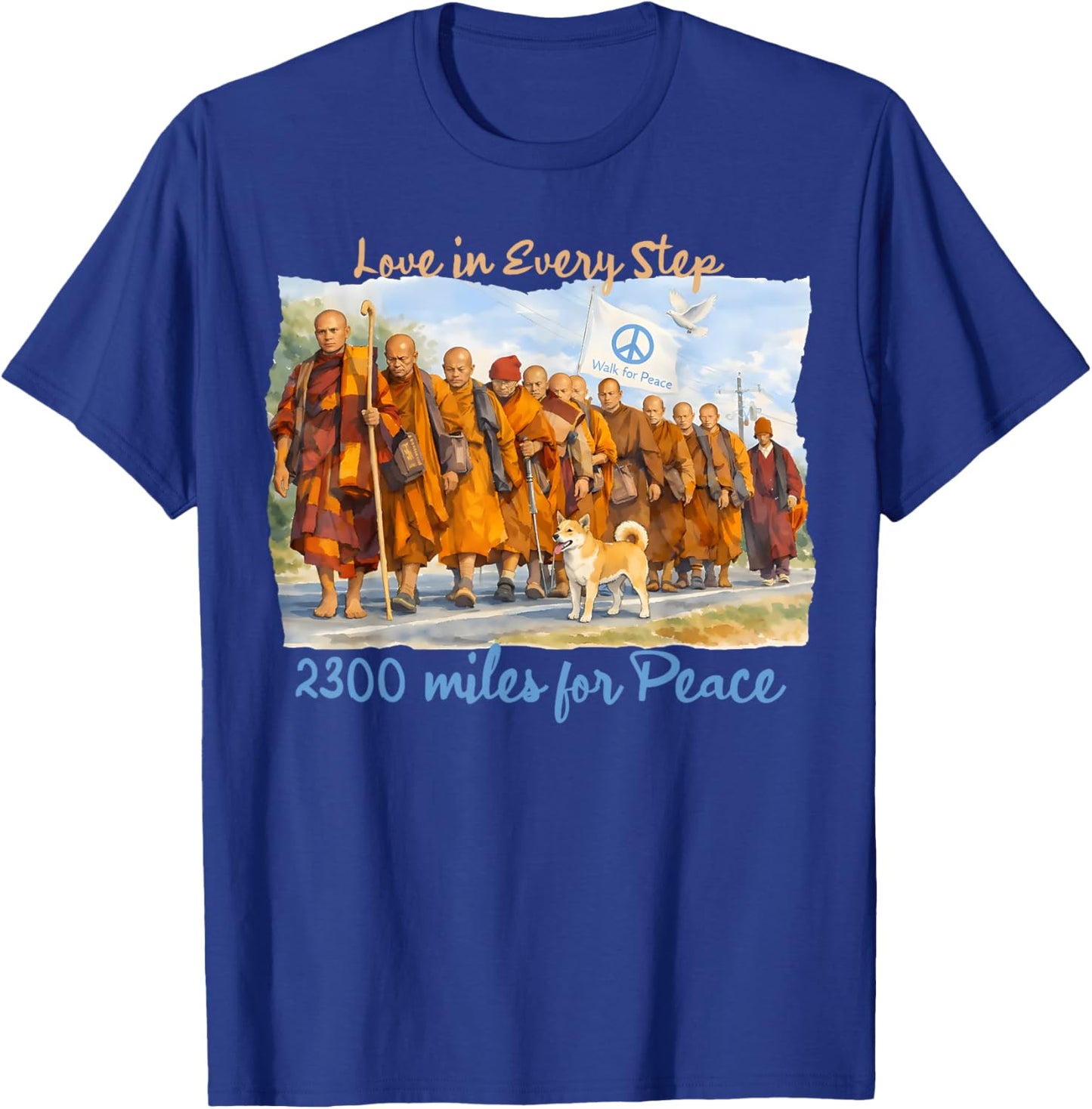 Minimalist Zen Art Walk for Peace Monks with Aloka Dog T-Shirt - T-Shirt | Royal