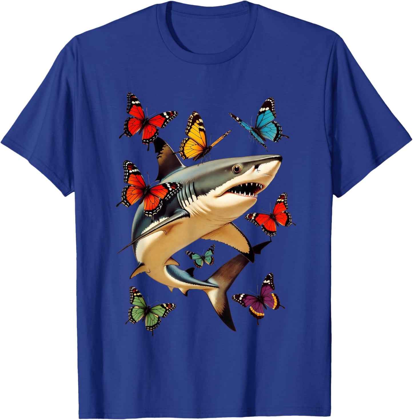 Funny Shark with Butterflies Retro Graphic Ocean Lovers T-Shirt - T-Shirt | Royal