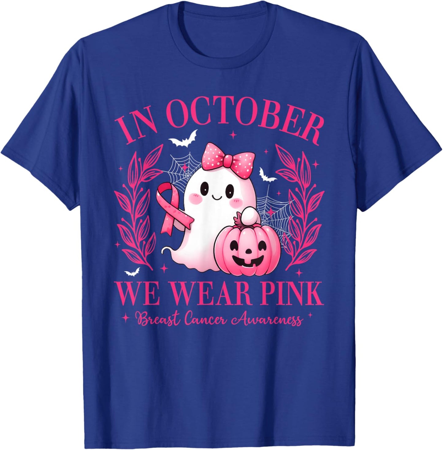 in October We Wear Pink Breast Cancer Awareness Pink Ghost T-Shirt - T-Shirt | Royal