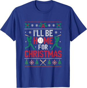 I’ll Be Home for Christmas Baseball Ugly Sweater Art T-Shirt - T-Shirt | Royal