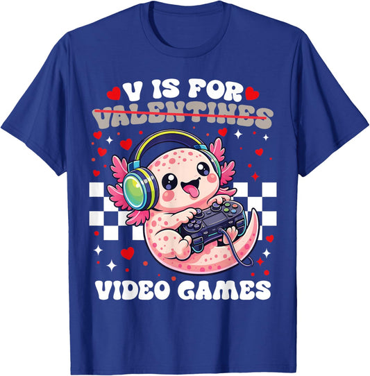 V is for Video Games Cute Axolotl Gamer Valentine Gaming T-Shirt - T-Shirt | Royal