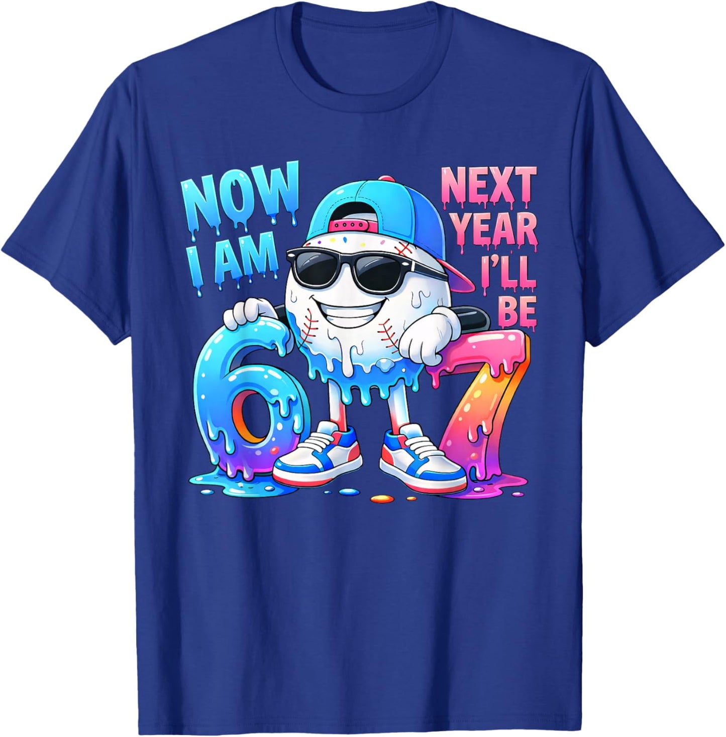 6th Birthday Boy Baseball Ice Cream Drip 67 Meme 6 Year Old T-Shirt - T-Shirt | Royal