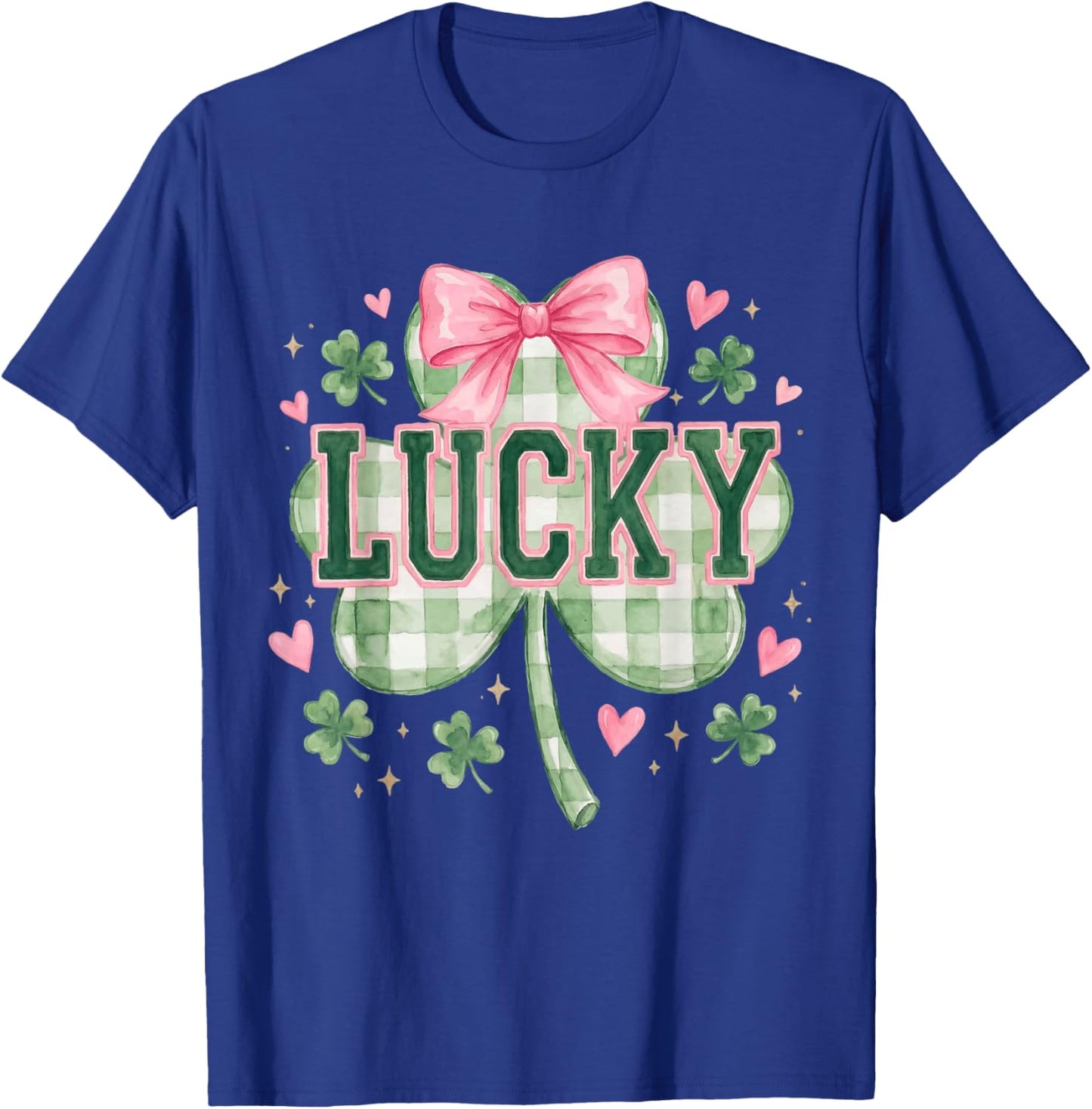 Vintage Coquette Bow Lucky Shamrock Clover St Patricks Day T-Shirt - T-Shirt | Royal