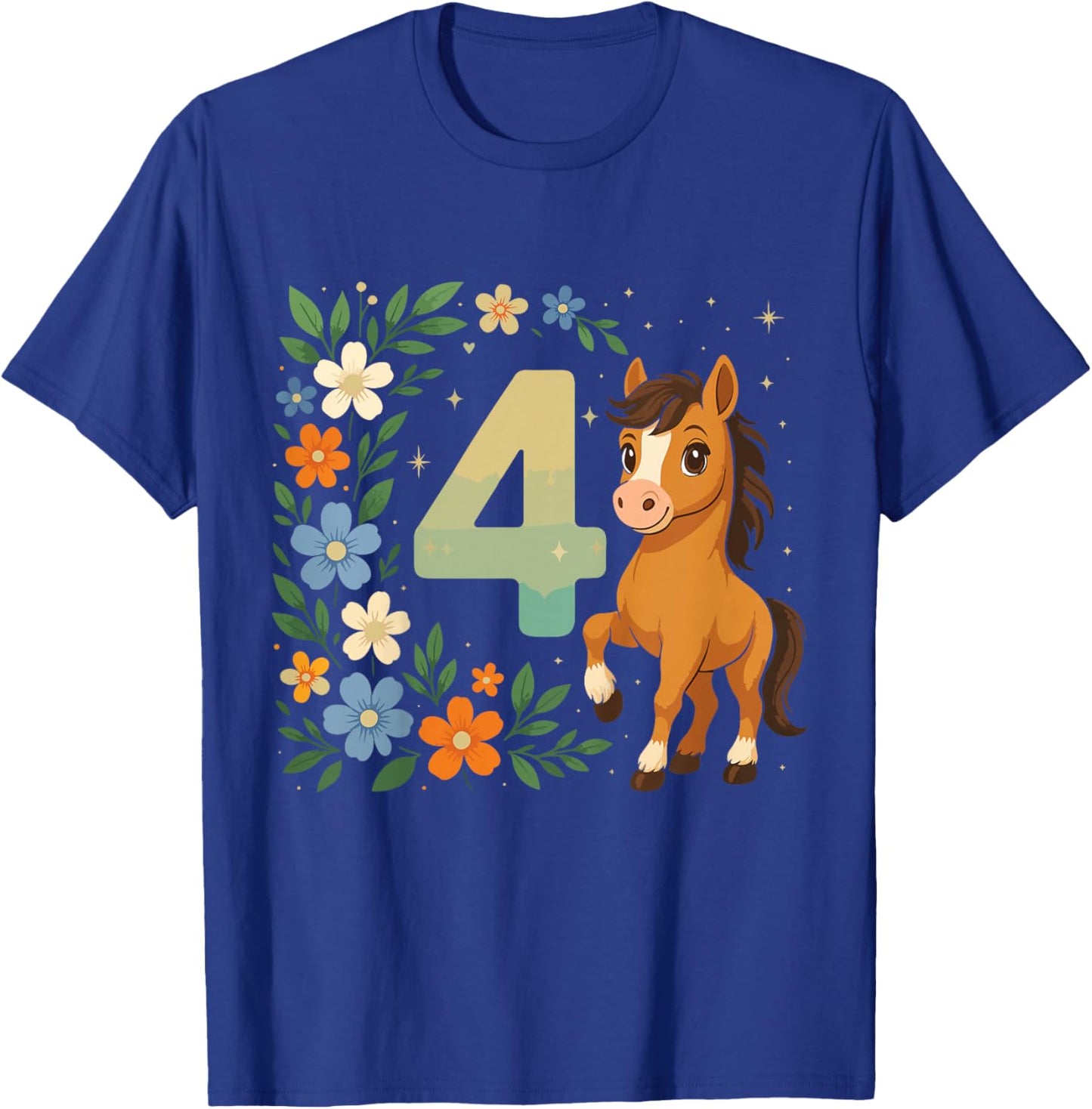 4th Birthday Girl Pony Horse Flowers 4 Years Old T-Shirt - T-Shirt | Royal