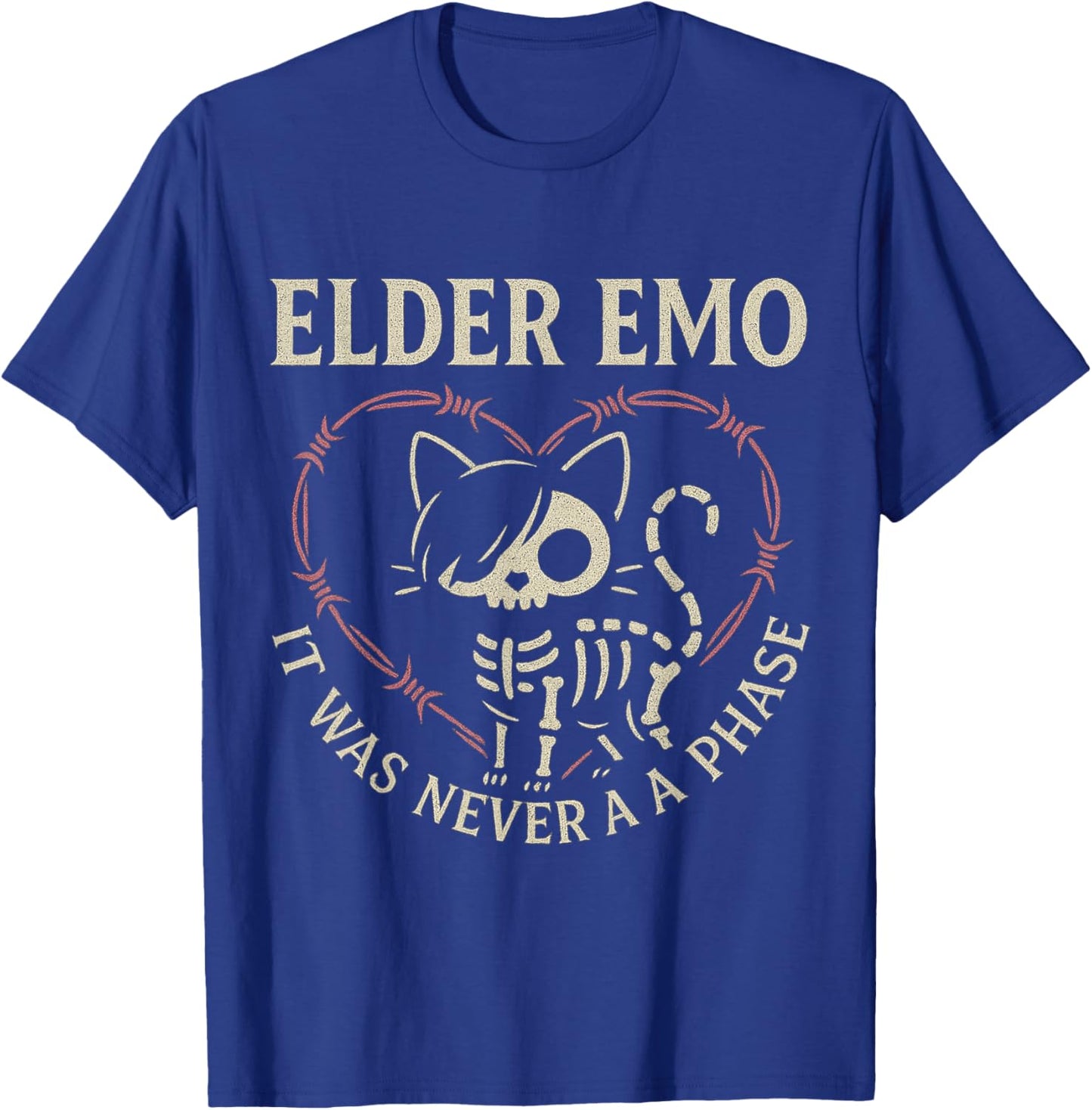 Elder Emo Never A Phase - Cat Skeleton Goth Music Design T-Shirt - T-Shirt | Royal