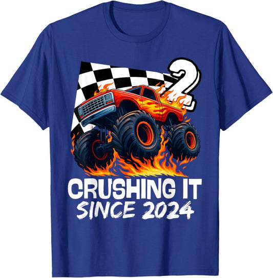 Birthday Monster Truck 2 Year Old Boys 2nd Party Born 2024 T-Shirt - T-Shirt | Royal