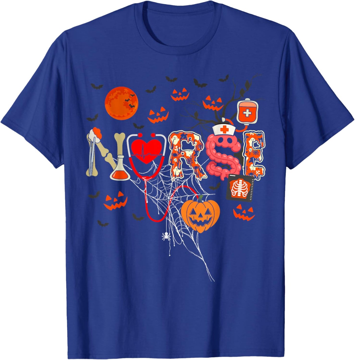 Nurse Funny Stethoscope Nurse Pumpkin Skull Lover Halloween T-Shirt - T-Shirt | Royal