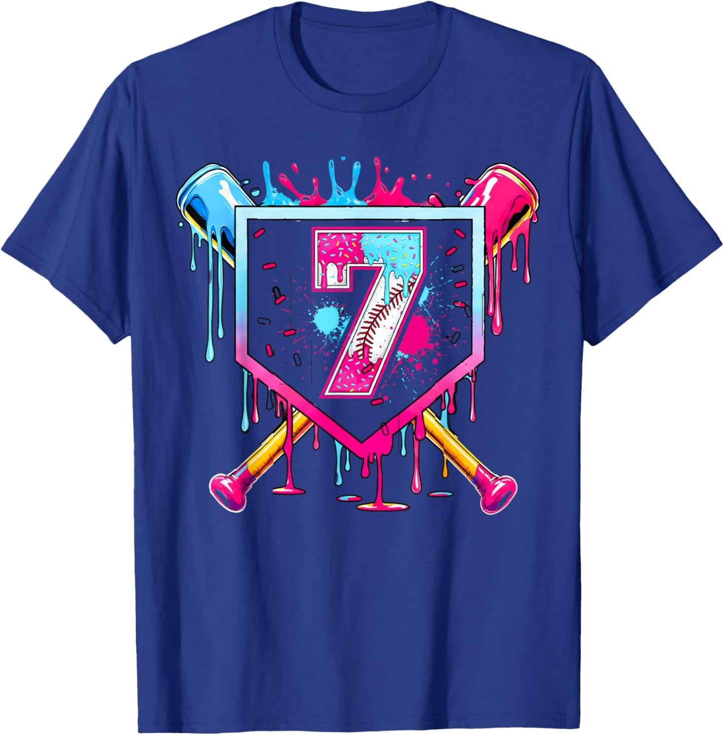 7th Birthday Boys Baseball Ice Cream Drip Boys Baseball T-Shirt - T-Shirt | Royal