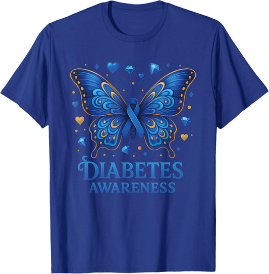 Diabetes Awareness Butterfly Blue Ribbon T1D T-Shirt - T-Shirt | Royal