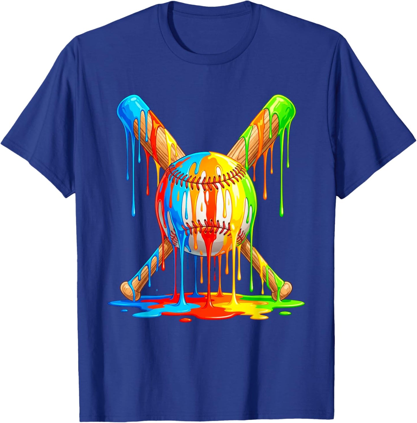Baseball Drip Ice Cream Multicolor Crossed Bat Art T-Shirt - T-Shirt | Royal