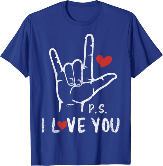 PS I Love You Day Valentine's Day Purple ASL Love Hand Sign T-Shirt - T-Shirt | Royal