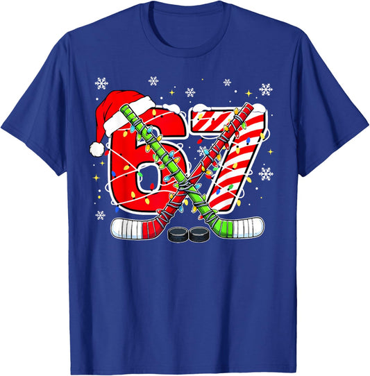 Funny 67 Santa Hat Candy Cane Ice Hockey Six Seven Christmas T-Shirt - T-Shirt | Royal