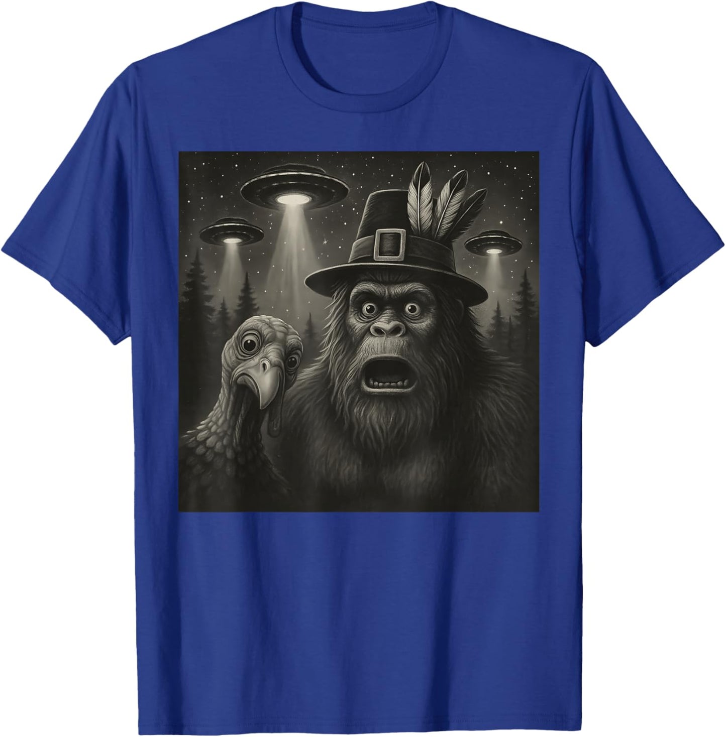 Funny Thanksgiving Bigfoot Turkey Selfie UFO Sasquatch T-Shirt - T-Shirt | Royal