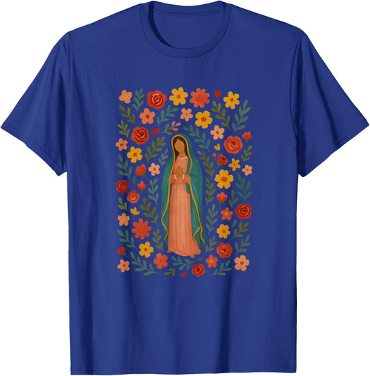 Our Lady of Guadalupe Flower Art Catholic Graphic T-Shirt - T-Shirt | Royal