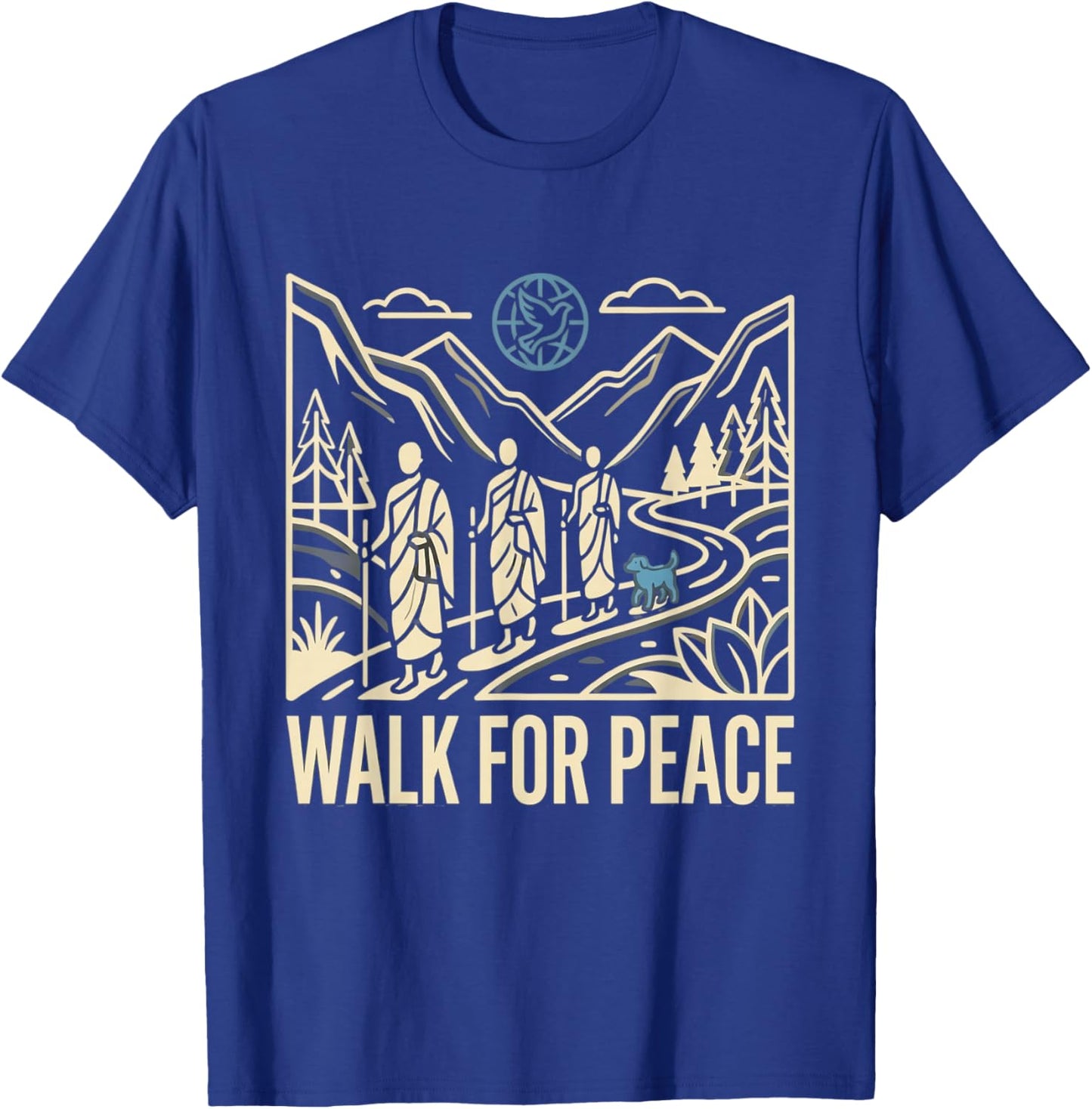 Walk for Peace Aloka Monks Dog Dove Globe Line Art T-Shirt - T-Shirt | Royal