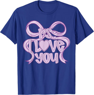 PS I Love You Day Valentine's Day Coquette Bow Purple Heart T-Shirt - T-Shirt | Royal
