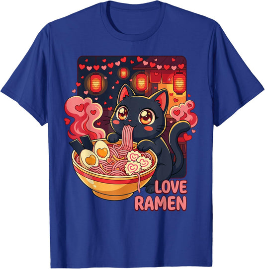 Kawaii Cat Love Ramen Hearts Japanese Food Valentines Day T-Shirt - T-Shirt | Royal