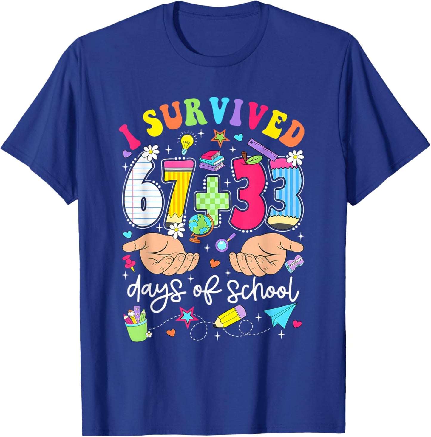 I Survived 67+33 Days of School 100 Days 6 7 Kids Boys Girls T-Shirt - T-Shirt | Royal