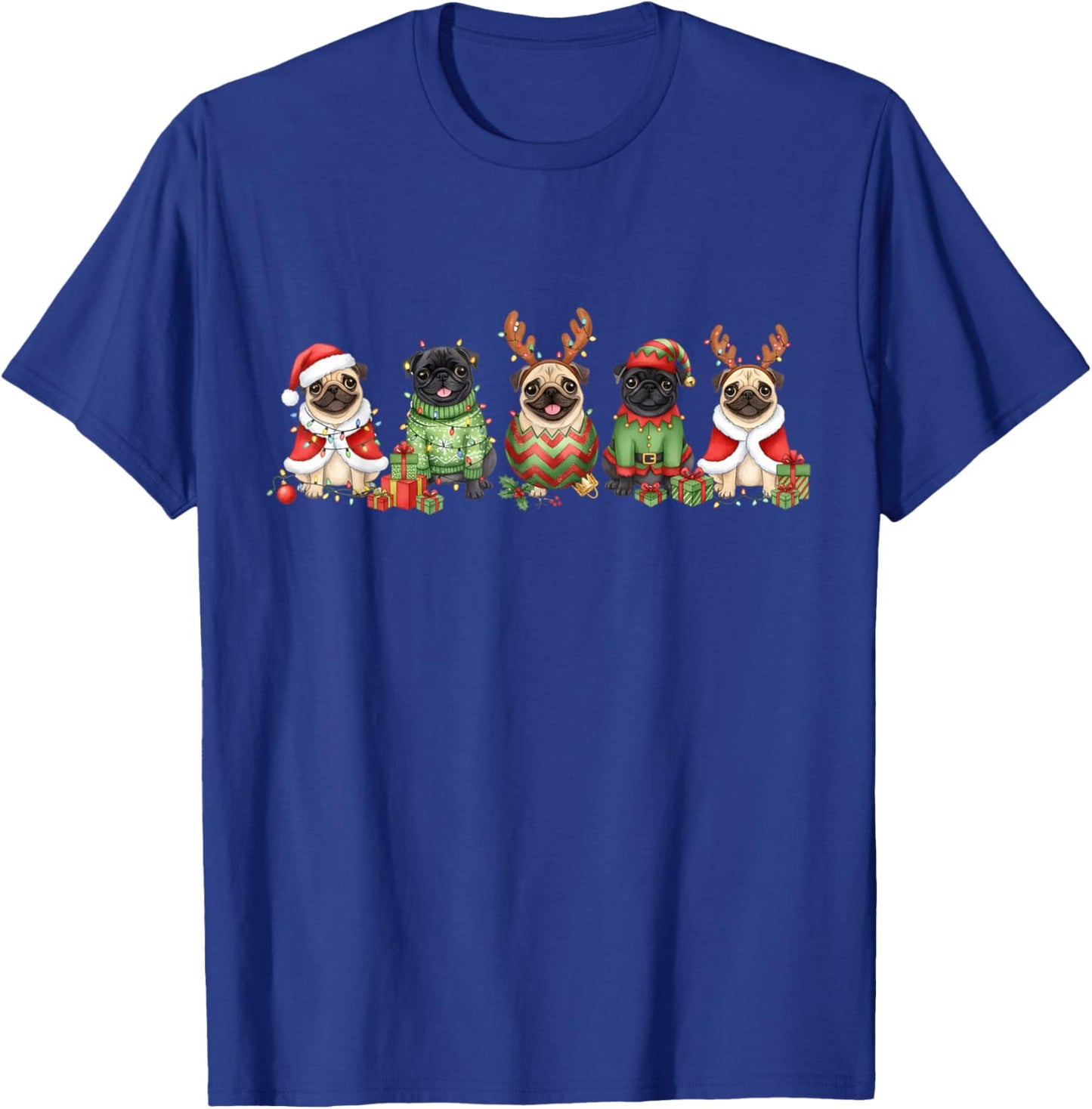 Pug Dogs Christmas Lights Pugmas Santa Dog Lover Gifts T-Shirt - T-Shirt | Royal