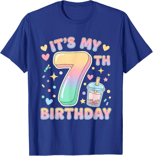 It's My 7th Birthday Bubble Boba Tea Party 7 Year Old Girl T-Shirt - T-Shirt | Royal