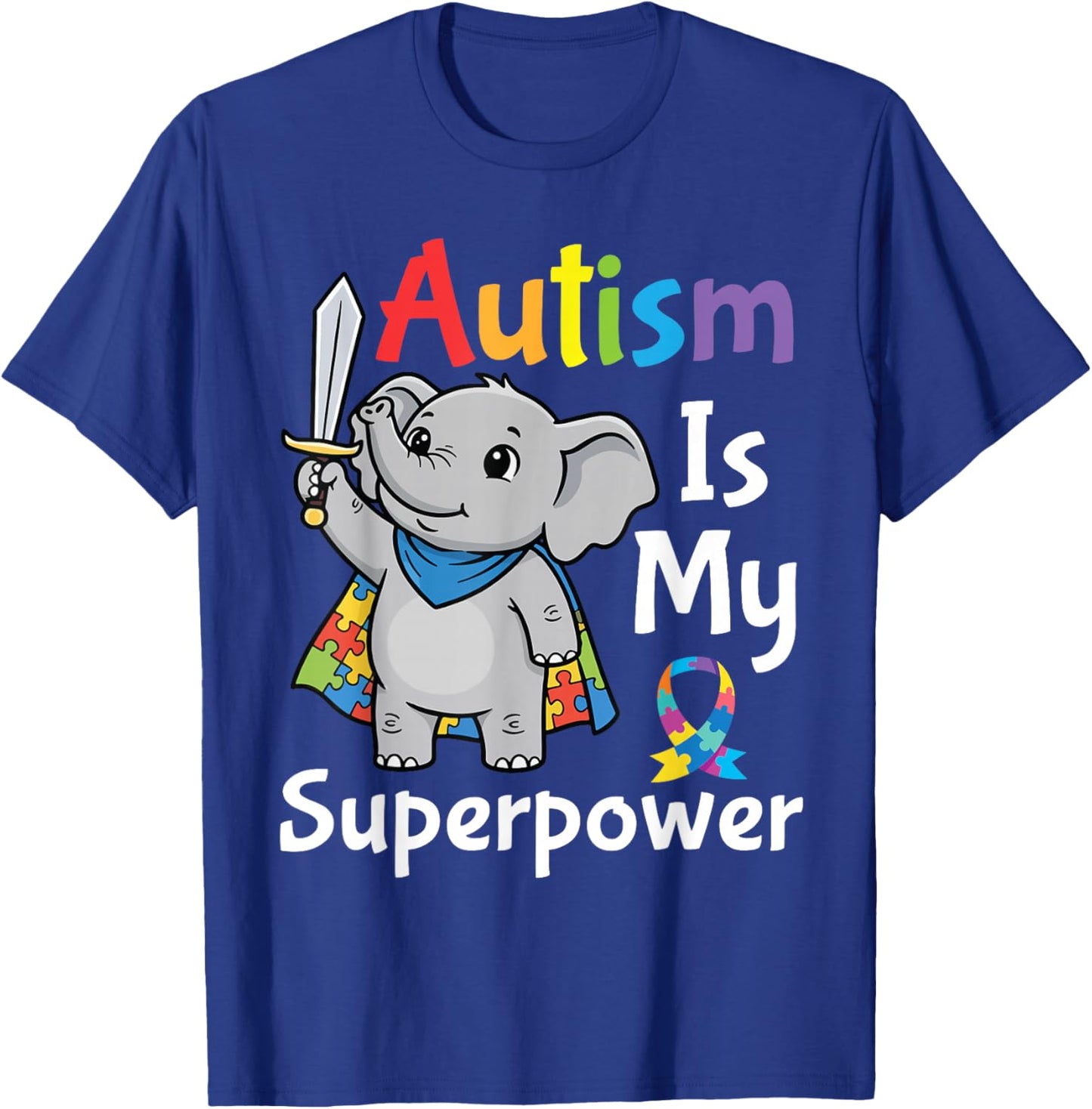 Autism is My Superpower Awareness Puzzle Cape Elephant Hero T-Shirt - T-Shirt | Royal