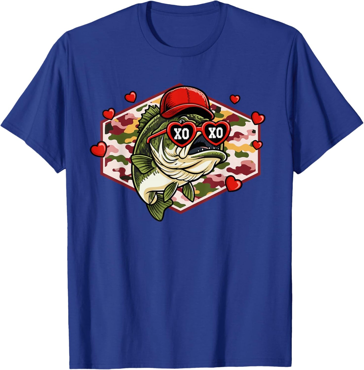 Men Boys Retro Valentines Fishing XOXO Camo Bass T-Shirt - T-Shirt | Royal