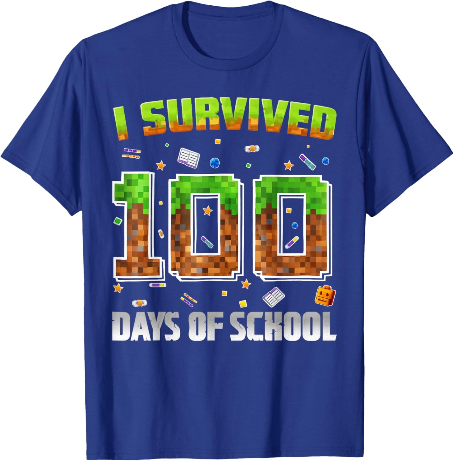 I Survived 100 Days of School Funny Pixel Gamer for Boy Kid T-Shirt - T-Shirt | Royal