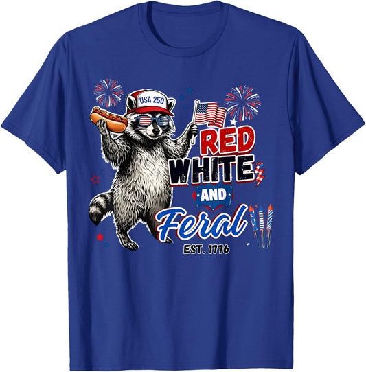 Red White and Feral Raccoon Funny 4th July Independence Day T-Shirt - T-Shirt | Royal