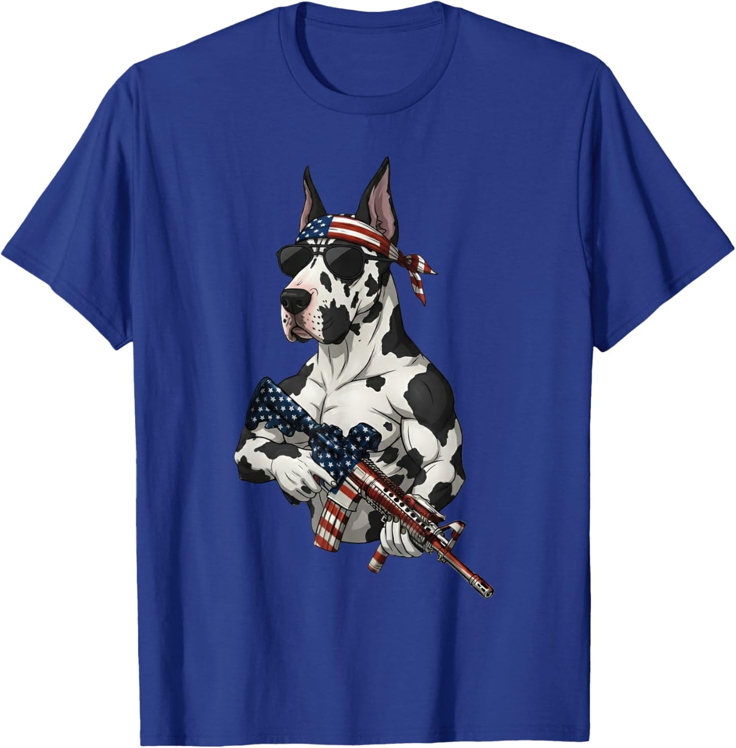 Funny Patriotic Great Dane with Rifle USA Flag Design T-Shirt - T-Shirt | Royal