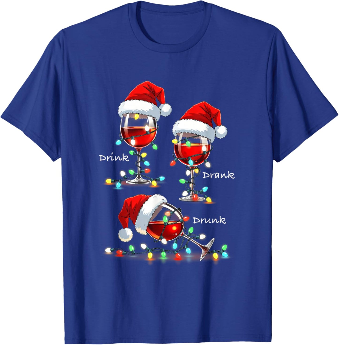 Christmas Wine Drunk Drank Drink Party Santa Hat Xmas Lights T-Shirt - T-Shirt | Royal