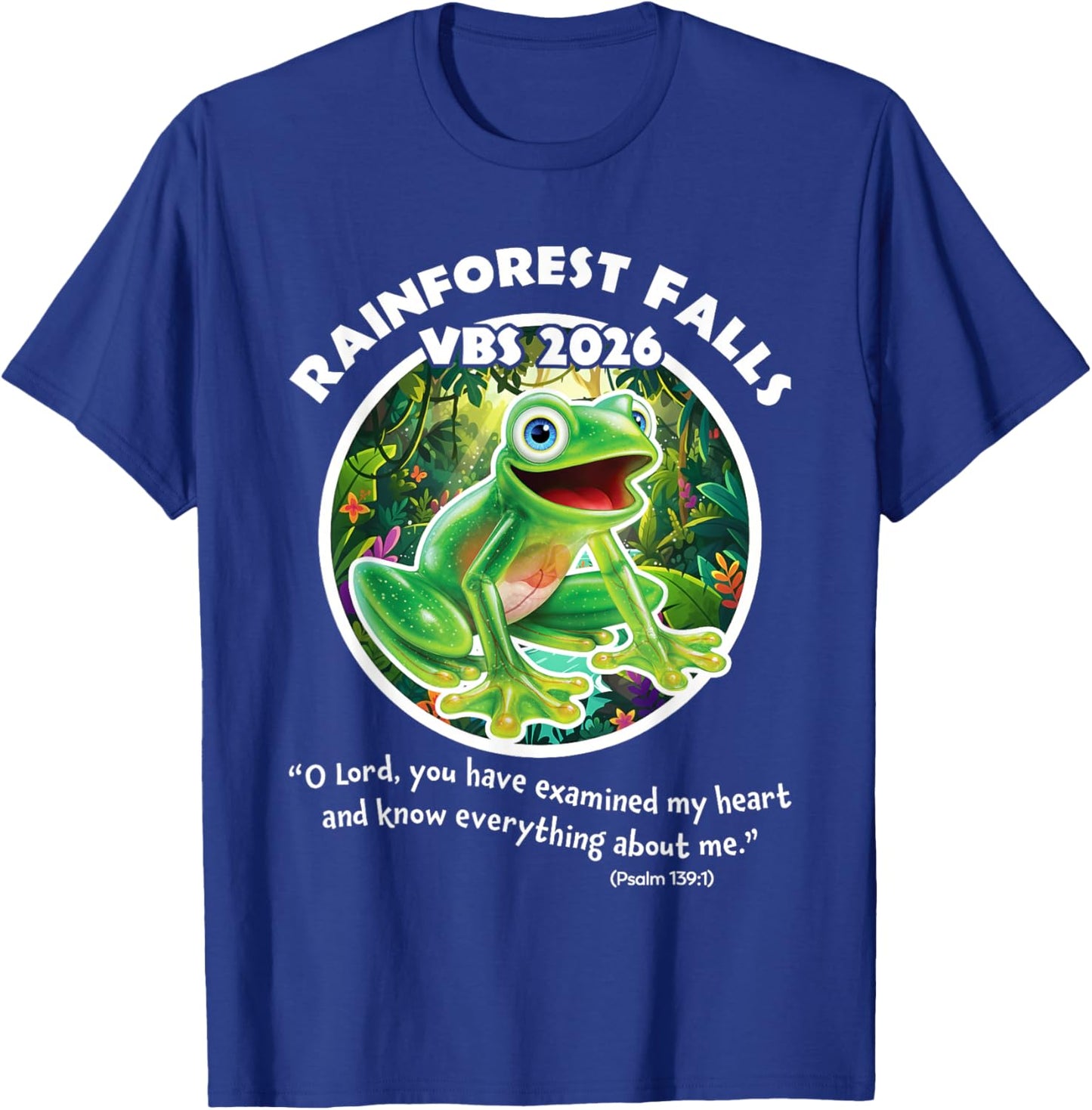 Rainforest Falls VBS 2026 Frog Jesus Faith Bible Verse Kids T-Shirt - T-Shirt | Royal