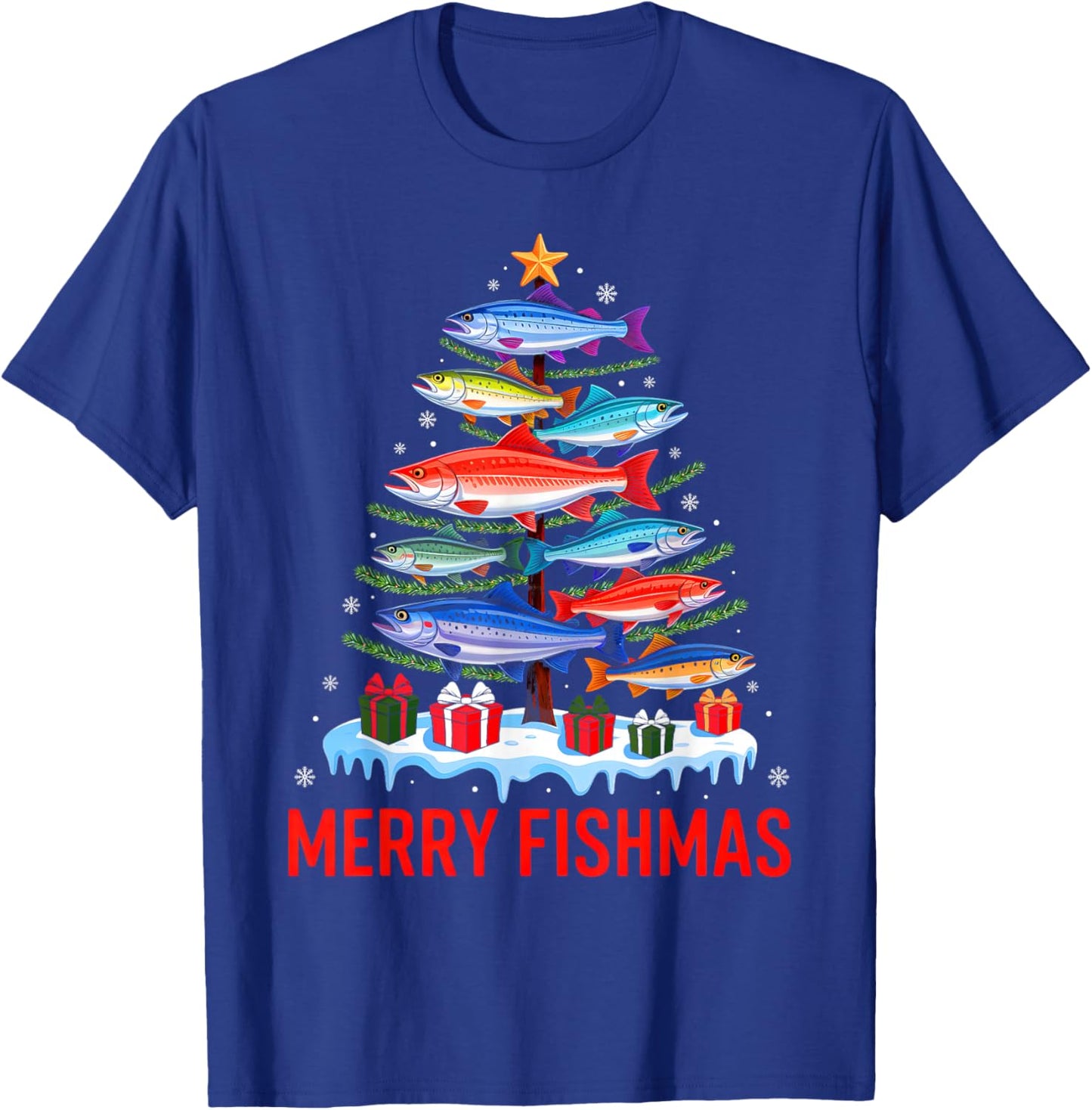 Merry Fishmas Fishing Christmas Tree Lights Xmas Pajamas T-Shirt - T-Shirt | Royal