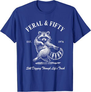 Feral & Fifty, 50th Birthday Raccoon, Feral Fifty Est 1976 T-Shirt - T-Shirt | Royal
