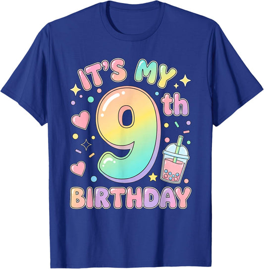 It's My 9th Birthday Bubble Boba Tea Party 9 Year Old Girl T-Shirt - T-Shirt | Royal