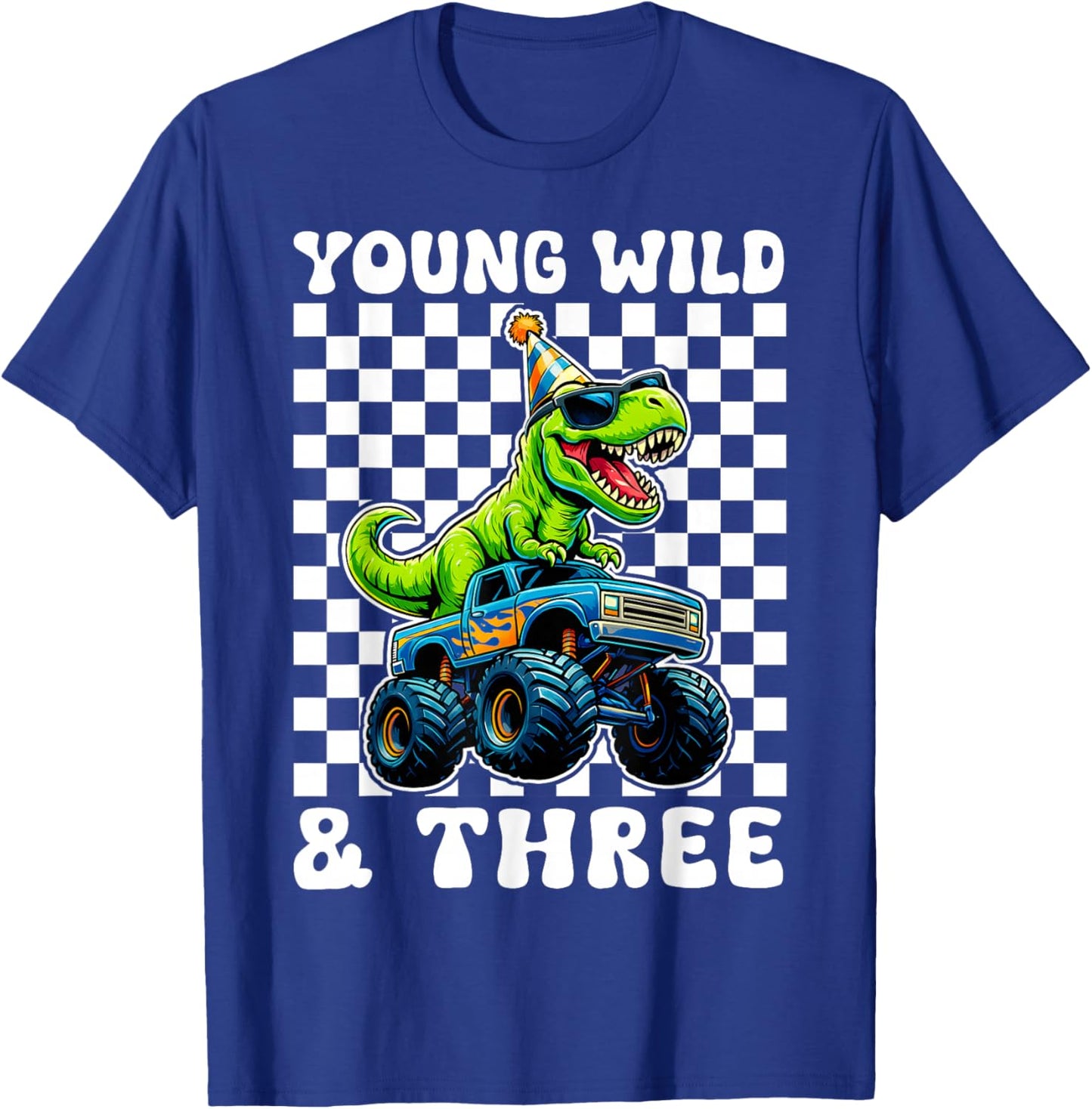 Young Wild & Three T-Rex Dino Monster Truck 3rd Birthday T-Shirt - T-Shirt | Royal