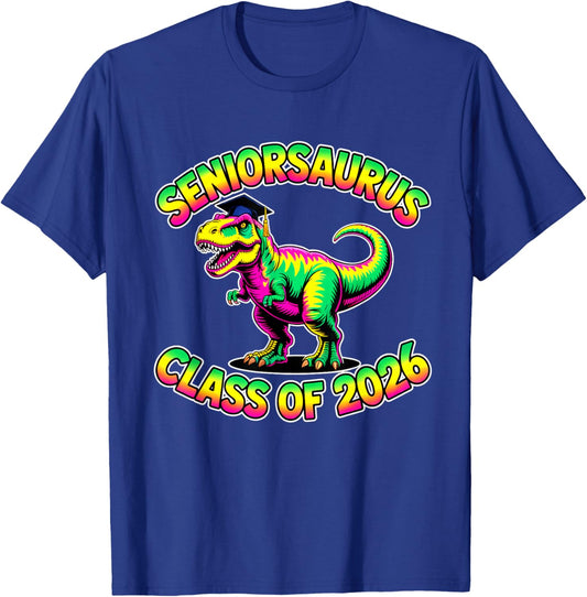Retro Class 2026 T-Rex Seniorsaurus Seniors Graduation Funny T-Shirt - T-Shirt | Royal