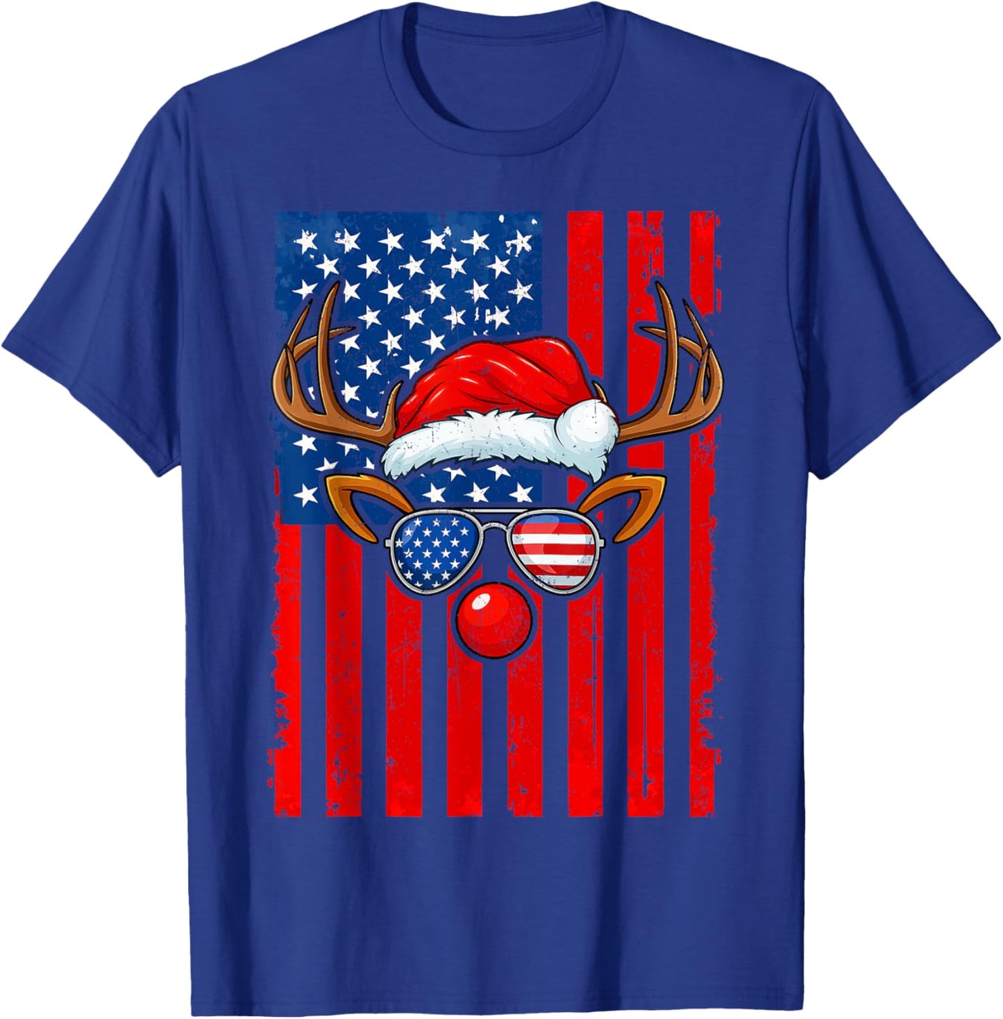 Vintage Rudolph Rednose Santa Hat Us Flag Christmas Xmas Men T-Shirt - T-Shirt | Royal
